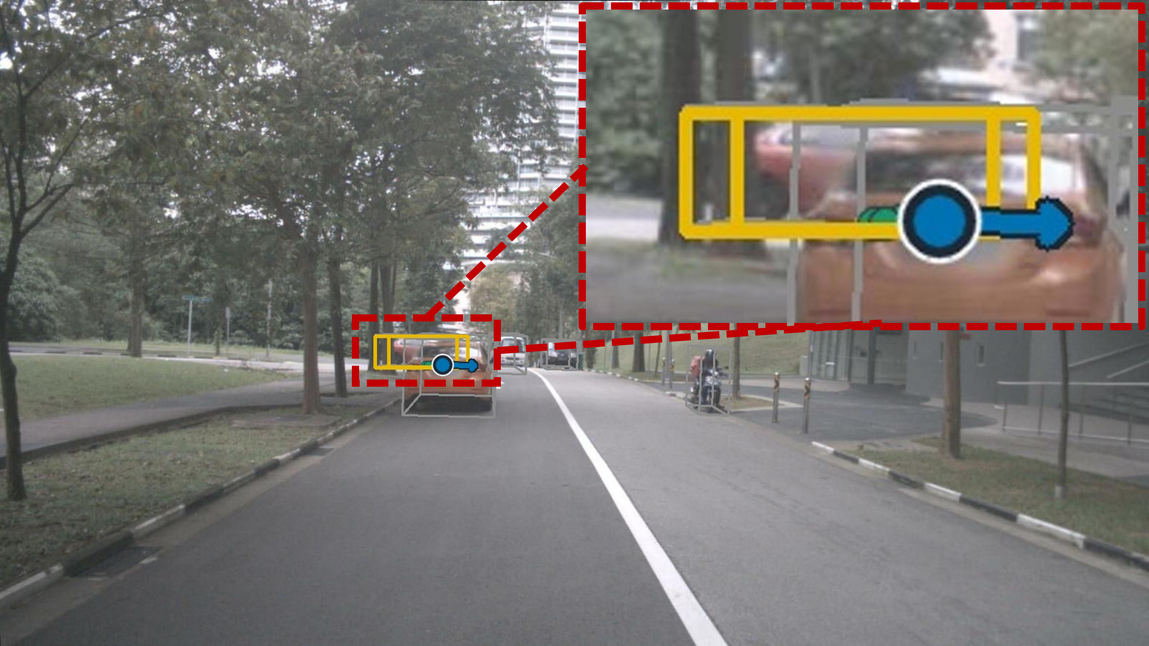 Severely occluded crossing vehicle detected by PART.