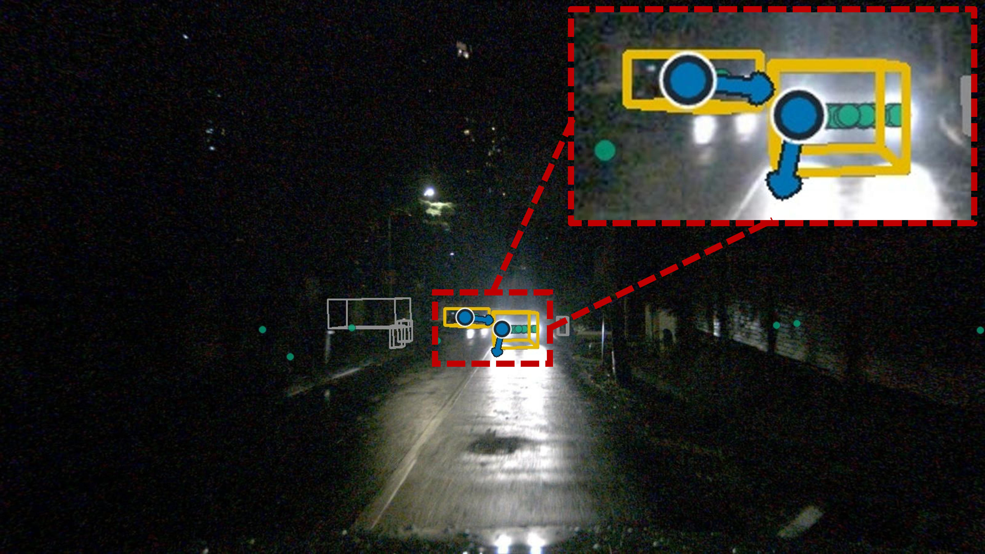 Rainy night vehicle under headlight glare detected by PART.