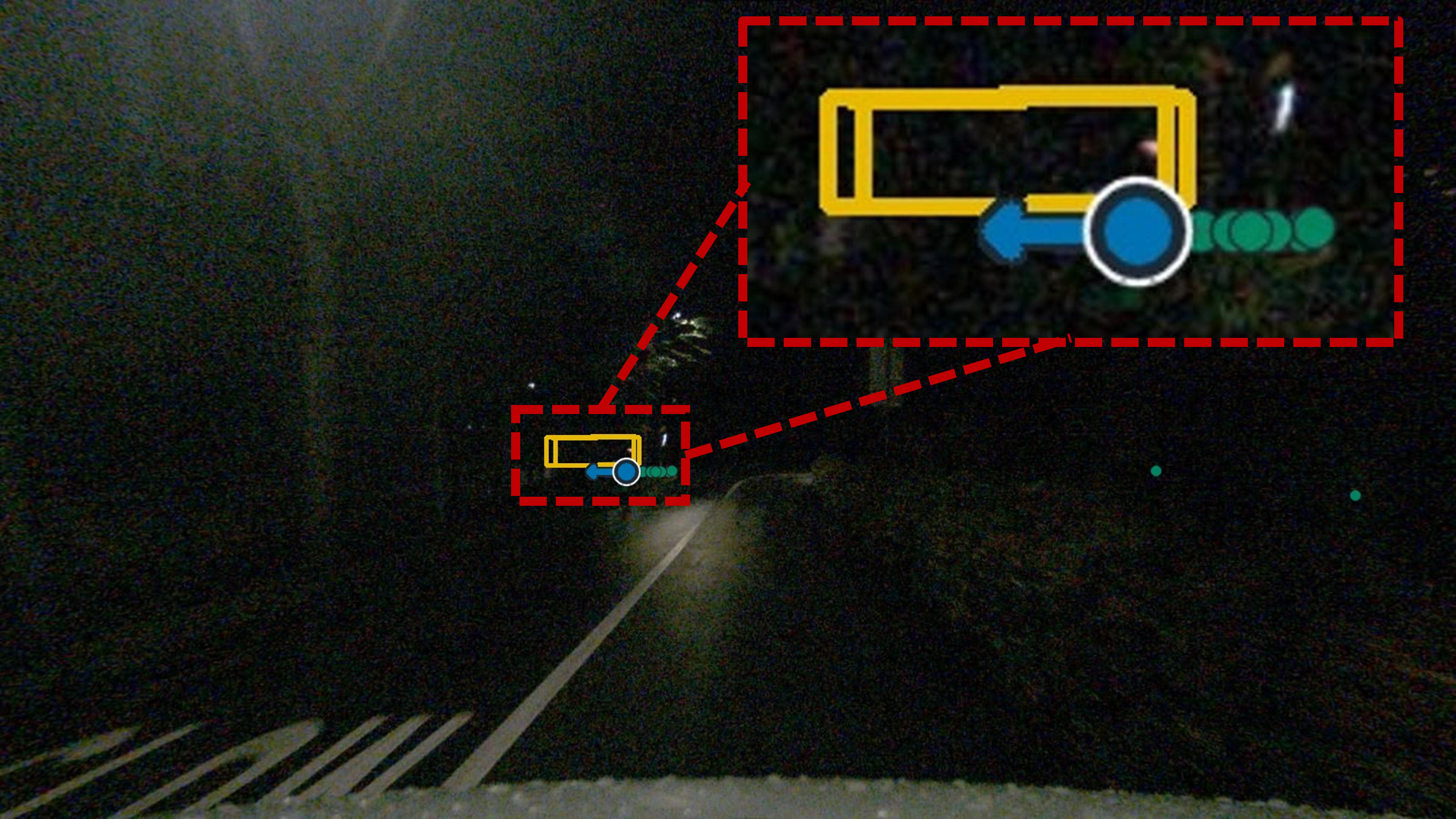 Occluded crossing vehicle at night detected by PART.